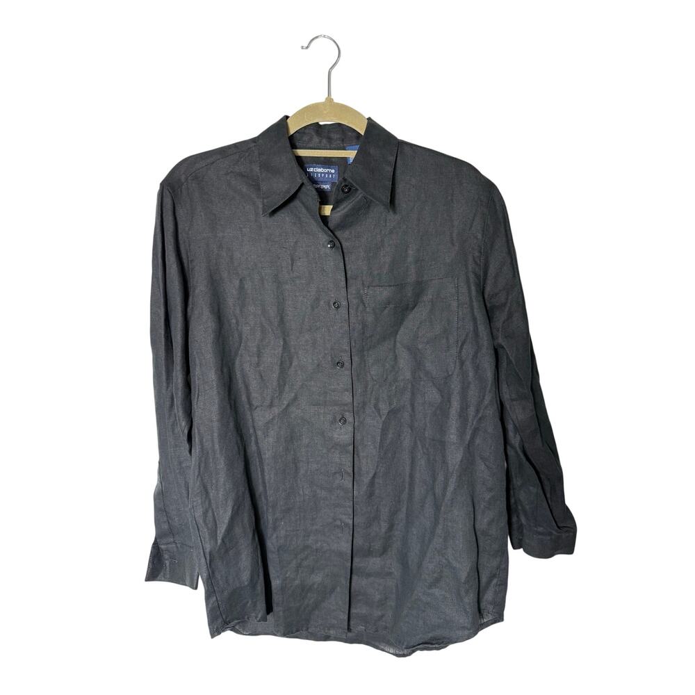 Liz Claiborne Vtg 100% Irish Linen Black Button Up Blouse Minimalist Granola